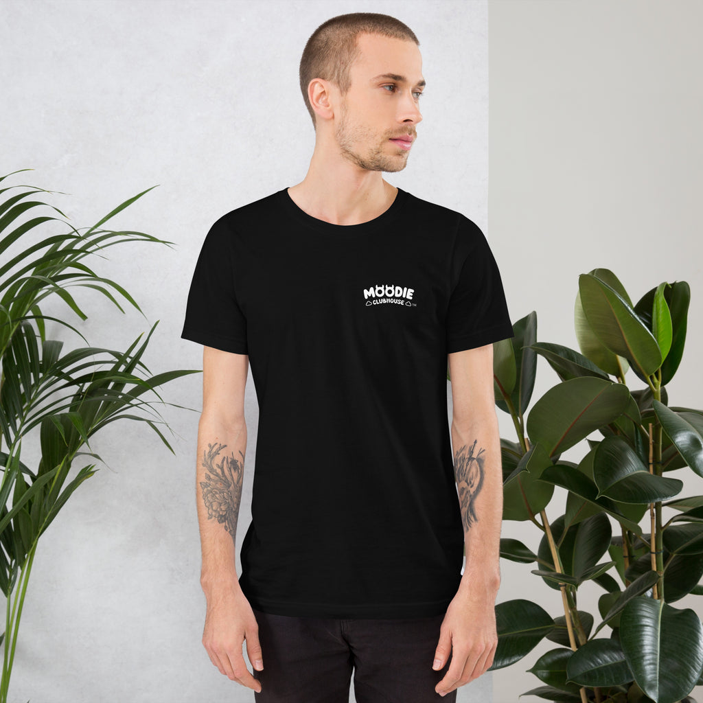 Front view of the 'Feeling Blue' Puddle Tee in black (second mockup)