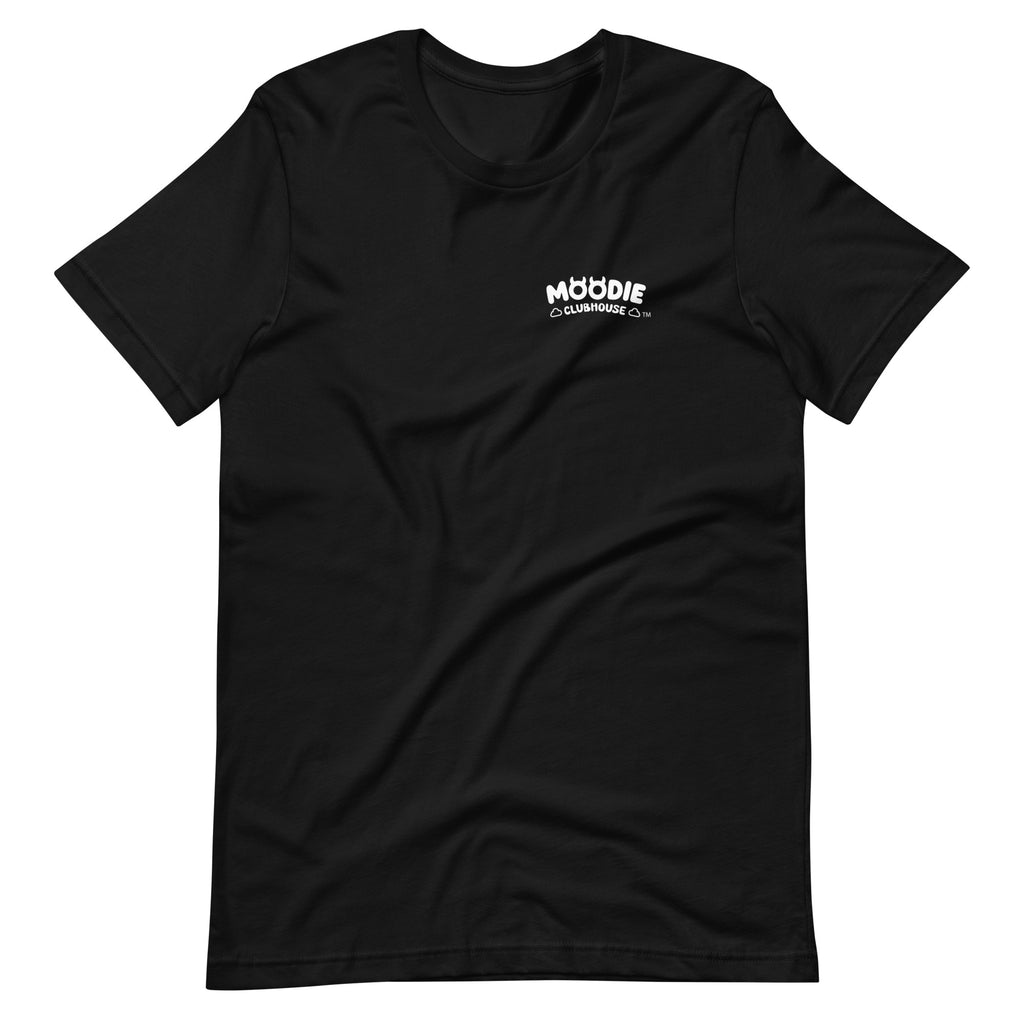 Front of the 'Feeling Blue' Puddle Tee in black with the Moodie Clubhouse chest logo