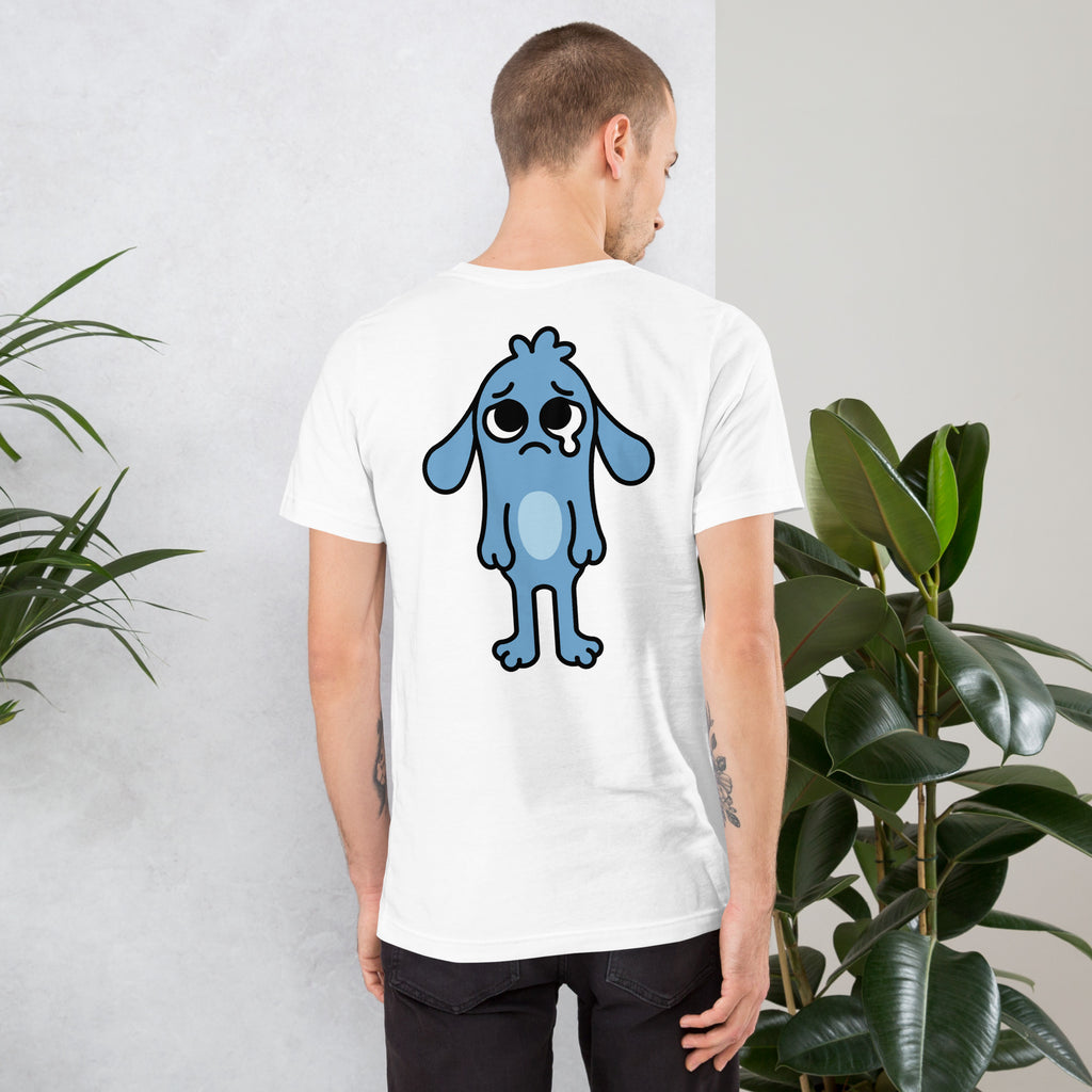 Back view of the 'Feeling Blue' Puddle Tee in white (second mockup)
