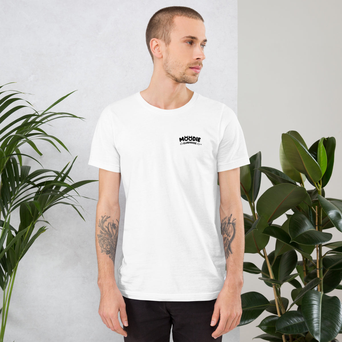 Front view of the 'Feeling Blue' Puddle Tee in white (second mockup)