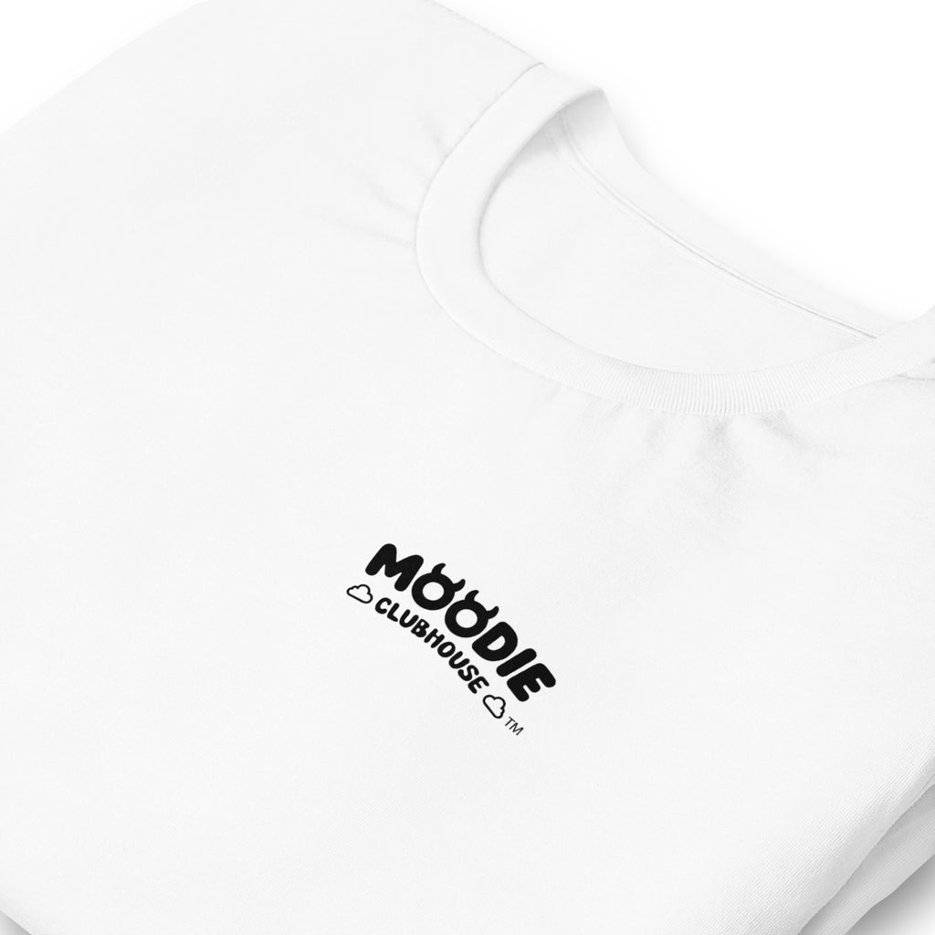 Close-up detail of the 'Feeling Blue' Puddle Tee in white